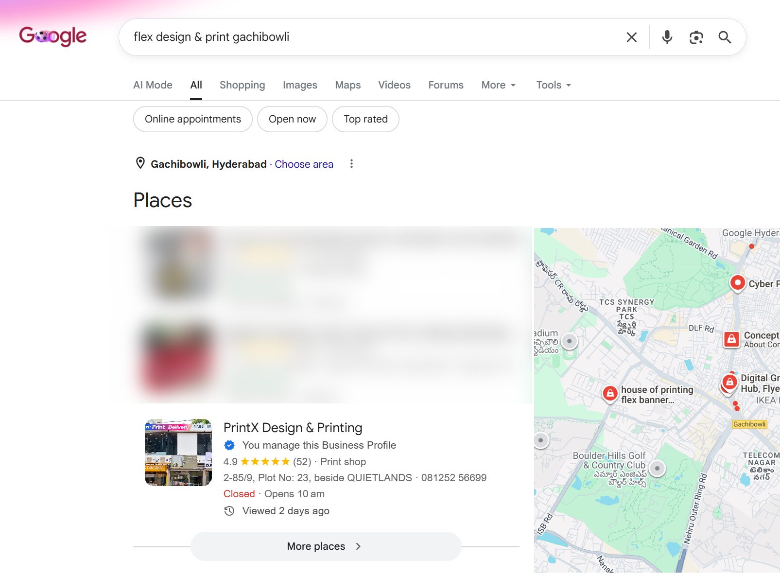Search Ranking - "flex design & print gachibowli"