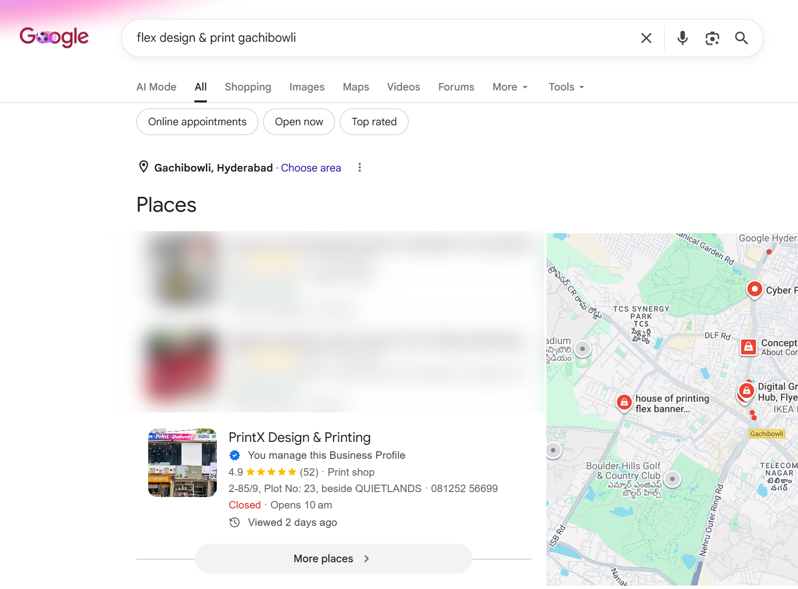 Search Ranking - "flex design & print gachibowli"